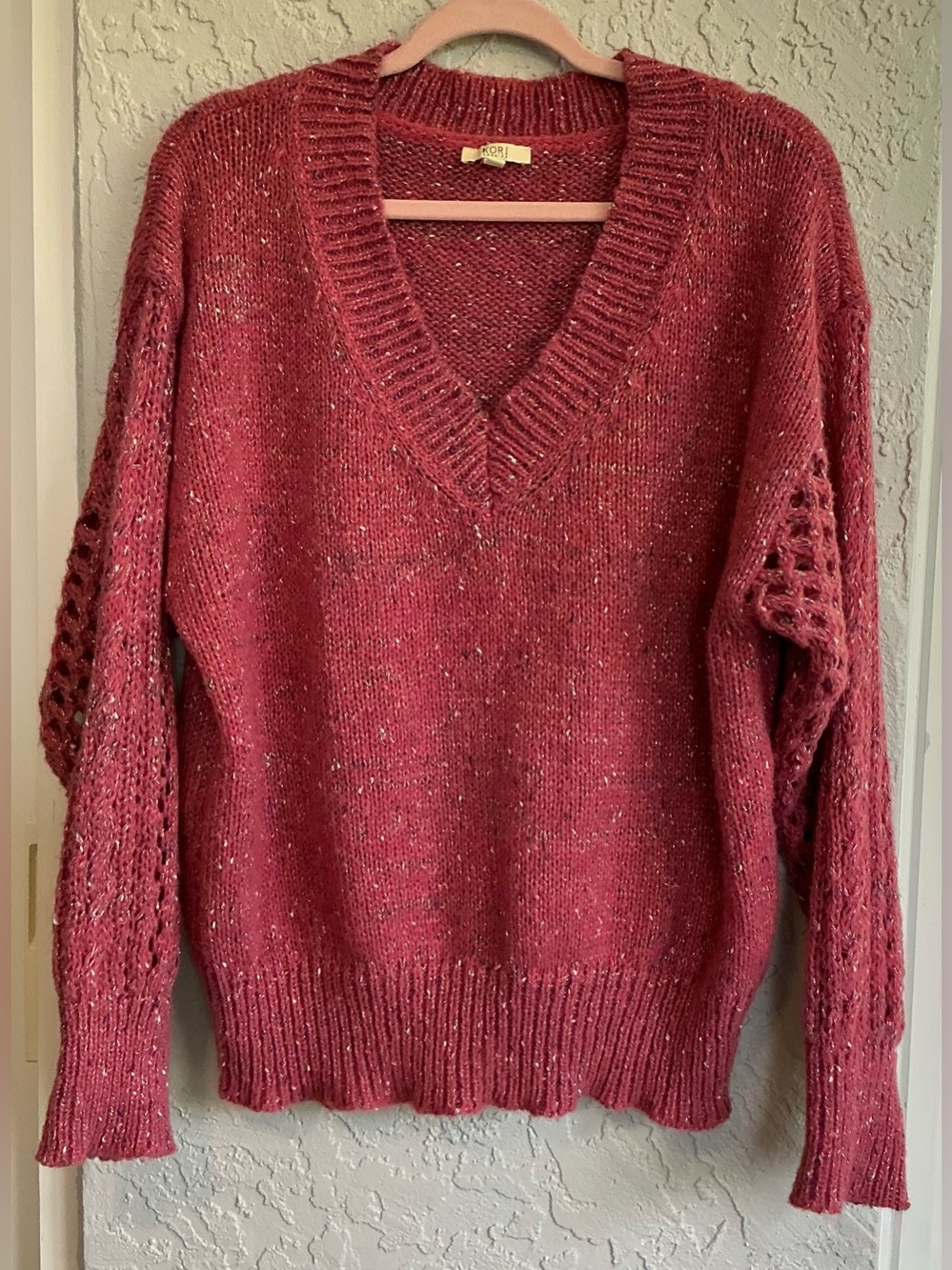 Kori Raspberry Pink V-Neck Sweater with Openwork Sleeves